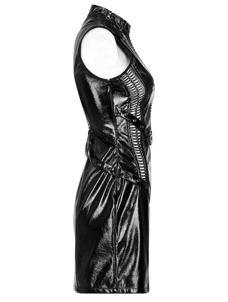 Punk Rave Black Sexy Gothic Patent Leather Hollow Out Sleeveless Short Dress 