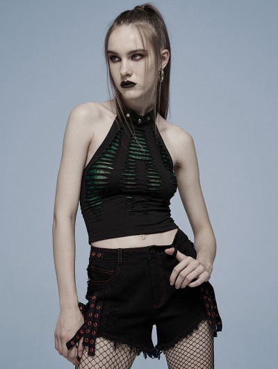 Punk Rave Green and Black Gothic Daily Wear Spider Pattern Vest Top for Women