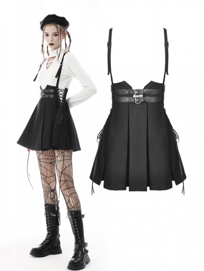 Dark in Love Black Gothic Punk Rock Pleated Daily Wear Short Suspender Skirt  
