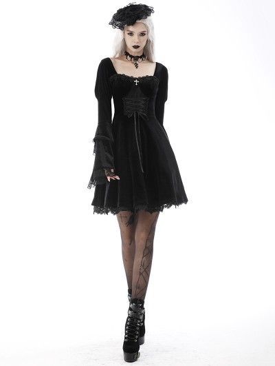 Dark in Love Black Gothic Victorian Velvet Long Sleeves Short Dress