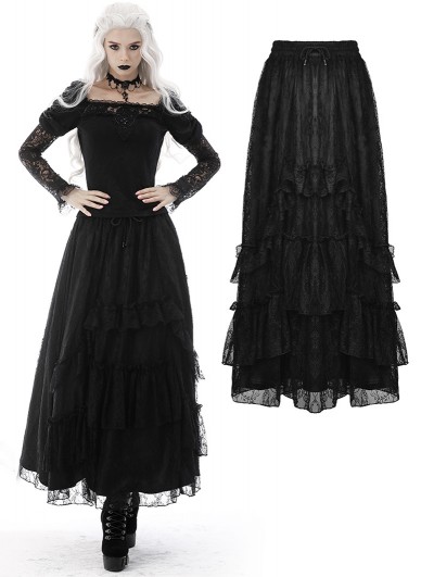 Dark in Love Black Gothic Vintage Elegant Frilly Lace Long Skirt