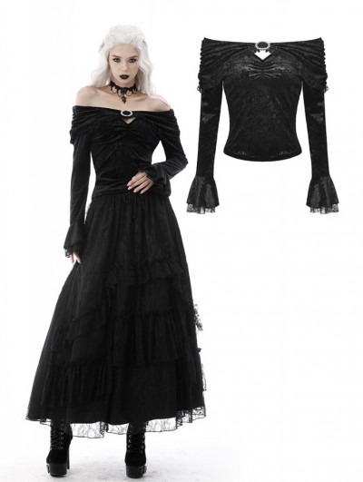 Dark in Love Black Gothic Vintage Off-the-Shoulder Velvet Embossing Long Sleeve Top for Women