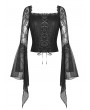 Dark in Love Black Gothic Vintage Lace Mesh Long Trumpet Sleeve Top for Women