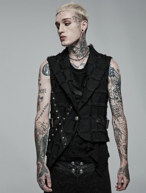 Punk Rave Black Gothic Punk Irregular Hollow Mesh Splicing Vest Top for Men  