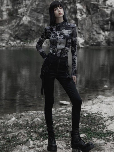 Punk Rave Black and Gray Printed Gothic Fit Split Long Sleeve T