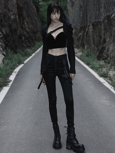 Punk Rave Black Gothic Punk Dark Long Puff Sleeve Short Jacket for Women 