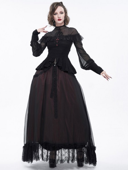 Eva Lady Black Gothic Lace Applique Beading Long Sleeve Shirt for Women ...