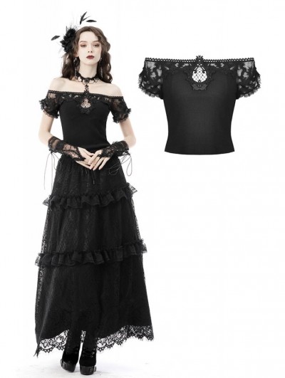 Dark in Love Black Gothic Lace Off-the-Shoulder Short Sleeve Top for Women