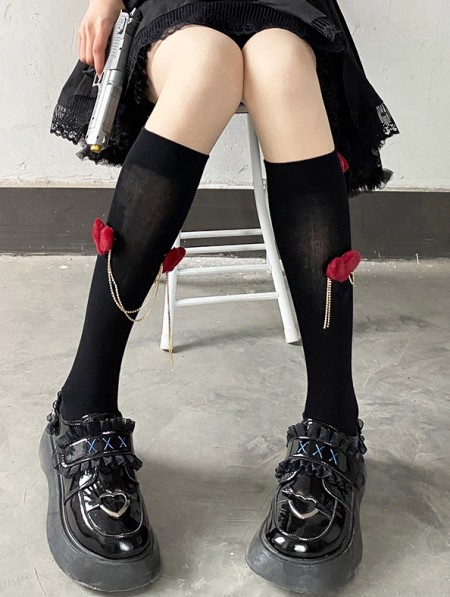 Black Gothic Lolita Love Chain Knee-Length Socks - DarkinCloset.com