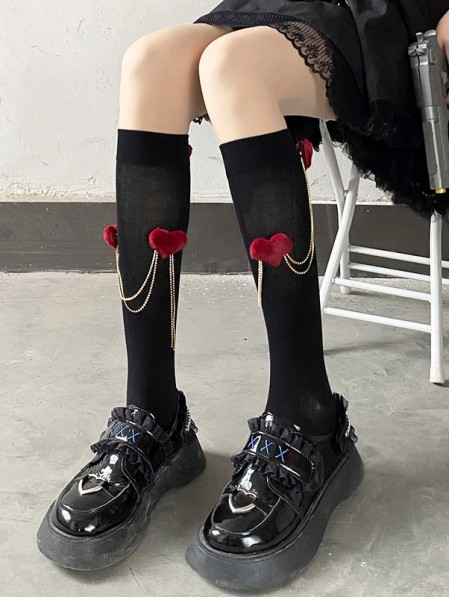 Black Gothic Lolita Love Chain Knee-Length Socks - DarkinCloset.com