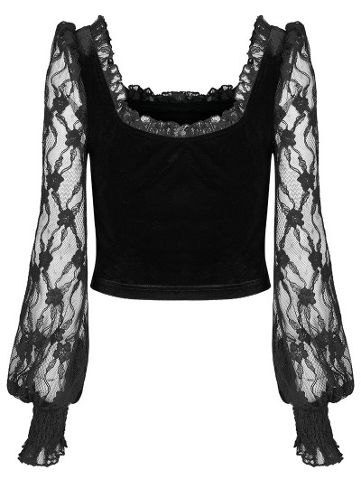 Punk Rave Black Gothic Square-Neck Velvet Lace Long Sleeve Top for Women 