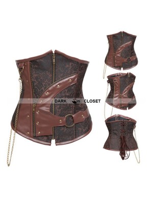 Brown Brocade Steampunk Underbust Corset with Collar 