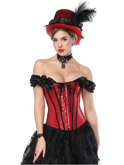 Black and Red Gothic Off-the-Shoulder Sequined Overbust Burlesque