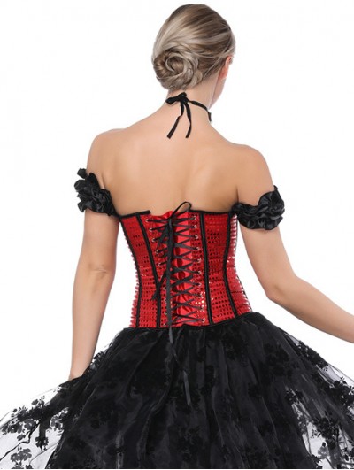 Red And Black Stripes Brocade Gothic Burlesque Corset Overbust Bustier