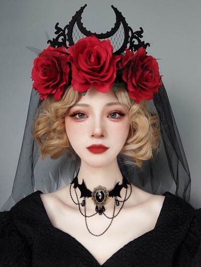 Black and Red Gothic Rose Crown Bridal Headdress