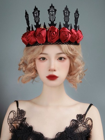 Black Gothic Red Rose Bridal Vintage Crown Headdress