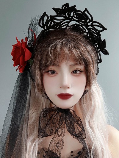 Black Lace Red Rose Vintage Gothic Lolita Bonnet Hat