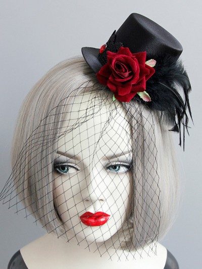 Black and Red Rose Gothic Punk Feather Hat Headdress with Veil