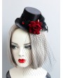 Black and Red Rose Gothic Punk Feather Hat Headdress with Veil