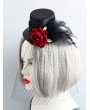 Black and Red Rose Gothic Punk Feather Hat Headdress with Veil