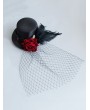 Black and Red Rose Gothic Punk Feather Hat Headdress with Veil