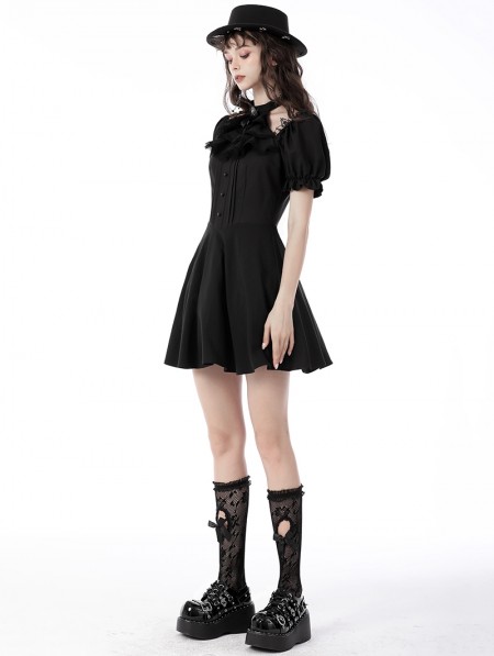 Dark in Love Black Gothic Daily Wear Short Puff Sleeves Dress ...