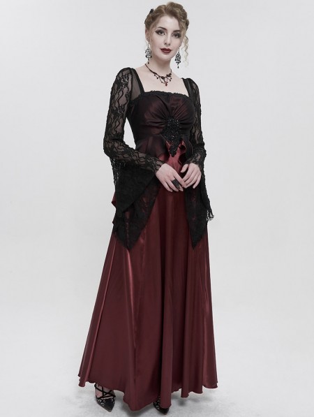 Eva Lady Wine Red Elegant Gothic Retro Lace Appliqued Long Party Dress ...