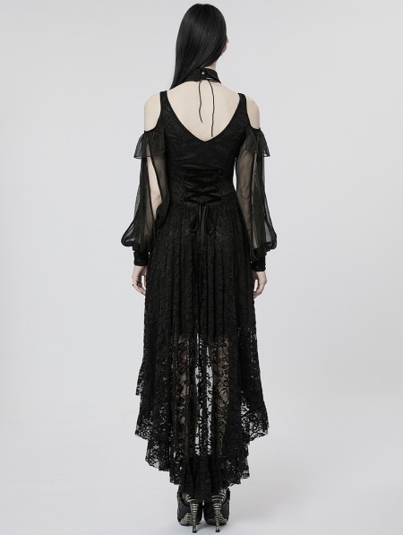 Punk Rave Black Gothic Sexy Off The Shoulder Long Sleeve Lace High Low Dress 