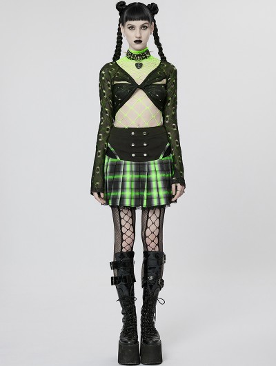 Punk Rave Black and Green Plaid Gothic Punk Grunge Girl Pleated Mini Skirt DarkinCloset