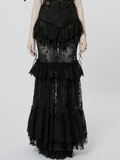 Punk Rave Black Gothic Perspective Gorgeous Lace Tiered Maxi Skirt