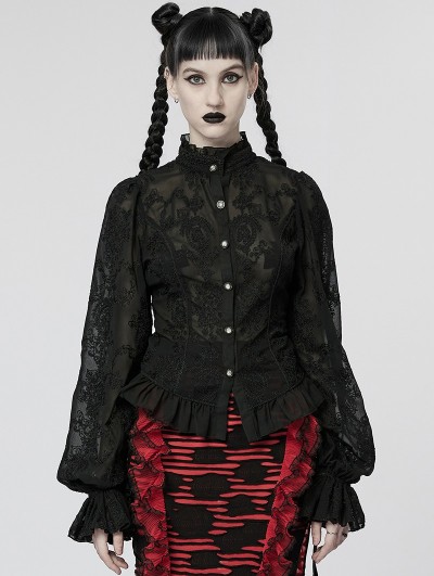 Punk Rave Black Gothic Chiffon Embroidered Flared Sleeve Perspective Blouse for Women