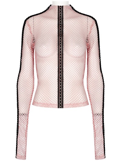 Punk Rave Pink Gothic Fashion Sexy Grunge Mesh Long Sleeve T-Shirt