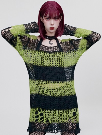 Punk Rave Black and Green Gothic Grunge Stripe Decayed Pullover Sweater for Women