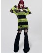 Punk Rave Black and Green Gothic Grunge Stripe Decayed Pullover Sweater for Women