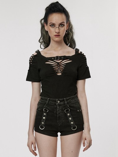 Punk Rave Black Gothic Punk Sexy Hollow Out Short Sleeve T Shirt For Women