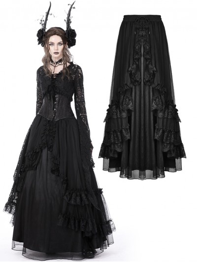 Dark in Love Black Gothic Vintage Court Party Lace Ruffle Maxi Skirt