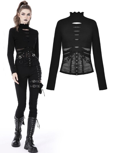 Dark in Love Black Gothic Punk Net Metal Buckle Long Sleeve T-Shirt for Women