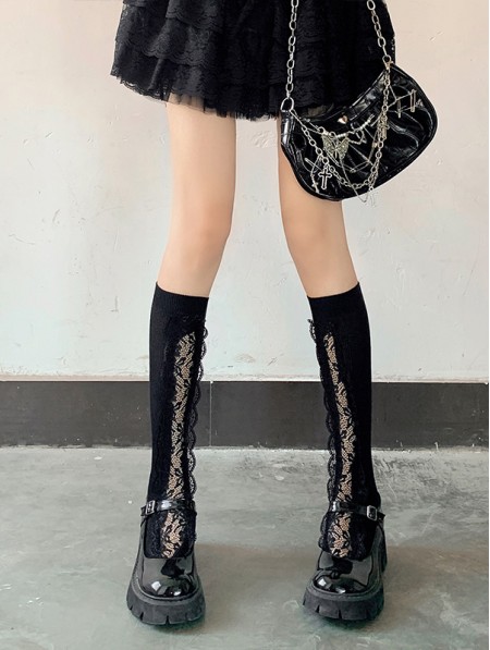Black Gothic Lolita Lace Hollow Knee High Socks - DarkinCloset.com