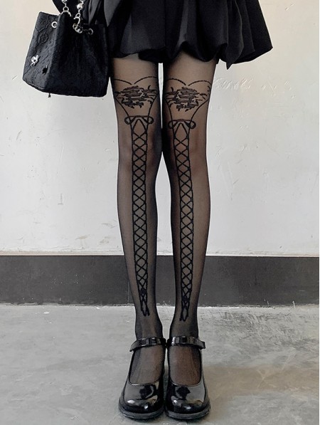 Black Gothic Fake Strap Pattern Sheer Tights - DarkinCloset.com