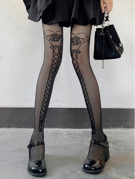 Black Gothic Fake Strap Pattern Sheer Tights - DarkinCloset.com