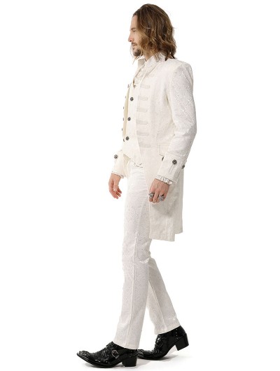 Pentagramme White Brocade Vintage Victorian Gothic Party Coat for Men 