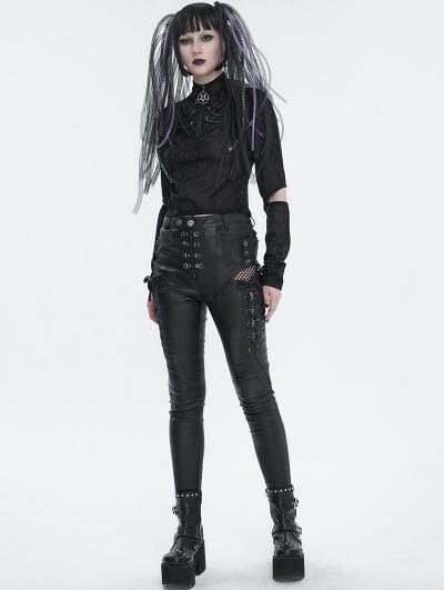 Devil Fashion Black Gothic Casual Punk Lace Up Slim Fit Pants for