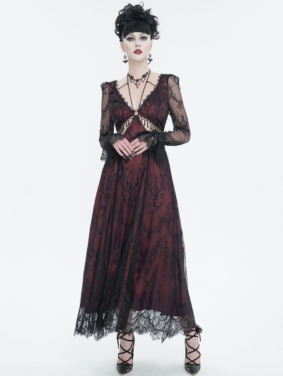 Fashionable Woman Wearing Long Red Vintage Dress Black