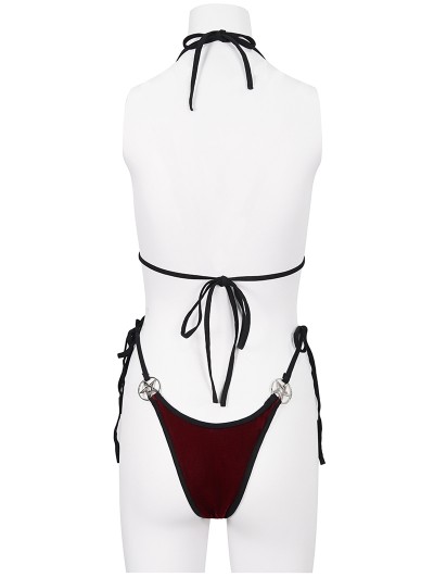 Devil Fashion Red Gothic Pentagram Velvet Halter Two-Piece Bikini