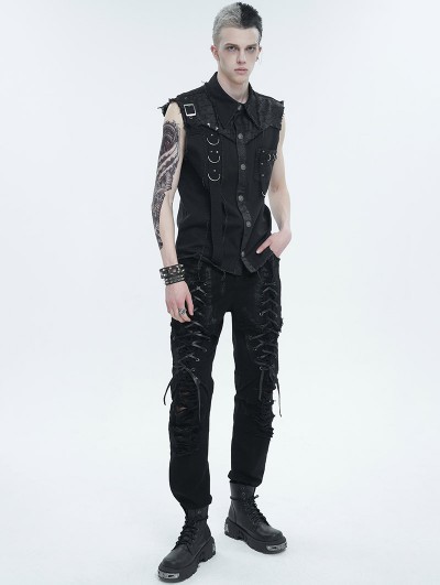 Devil Fashion Beige Gothic Punk Button Front Sleeveless Shirt for Men 