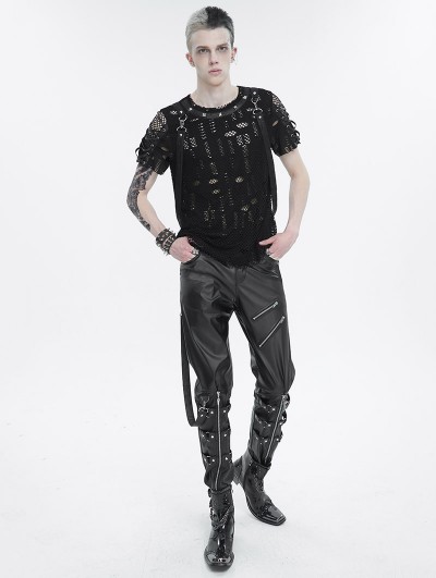 Devil Fashion Black Gothic Punk Mesh T-shirt with Detachable Straps for Men  