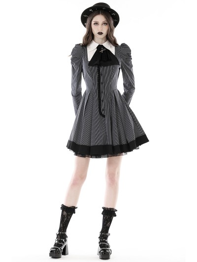 Dark in Love Black and White Stripe Gothic Preppy Style Long Sleeve Short  Dress 