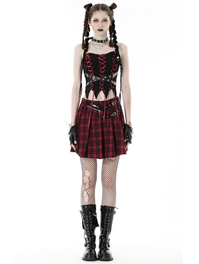 Dark in Love Red and Black Plaid Punk Gothic Grunge Pleated Mini Skirt 