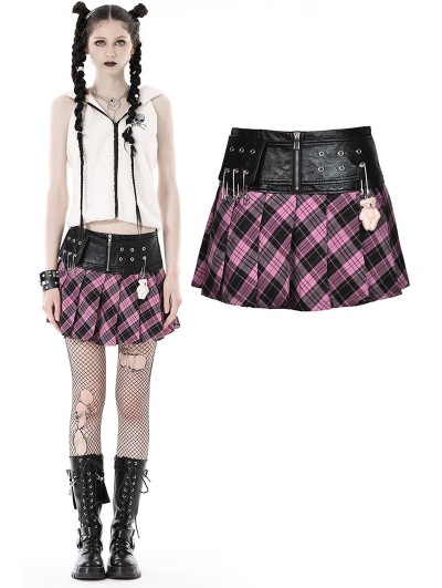 Dark in Love Pink and Black Plaid Gothic Grunge PU Bear Mini Skirt