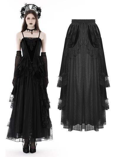 Dark in Love Black Gothic Court Vintage Layered Maxi Velvet Skirt